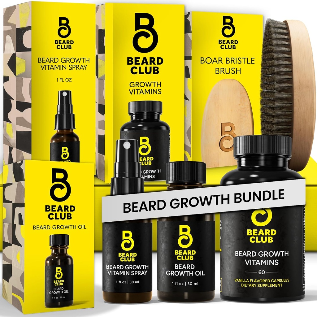 Beard Club Premium Beard Growth Kit - Aceite de crecimiento, vitaminas, cepillo de espuma de vitaminas