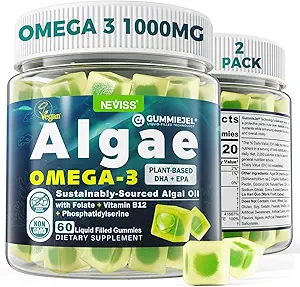 2 Pack Algae Omega 3 Gummies 1000mg, Planta Basada DHA 460mg &amp; EPA 230mg, Omega 3 Fish Oil Alternative for Adults, Plus MethylFolate, Vitamina B12, Phosphatidylserine, No Fishy Taste, Vegan, Sugar Free