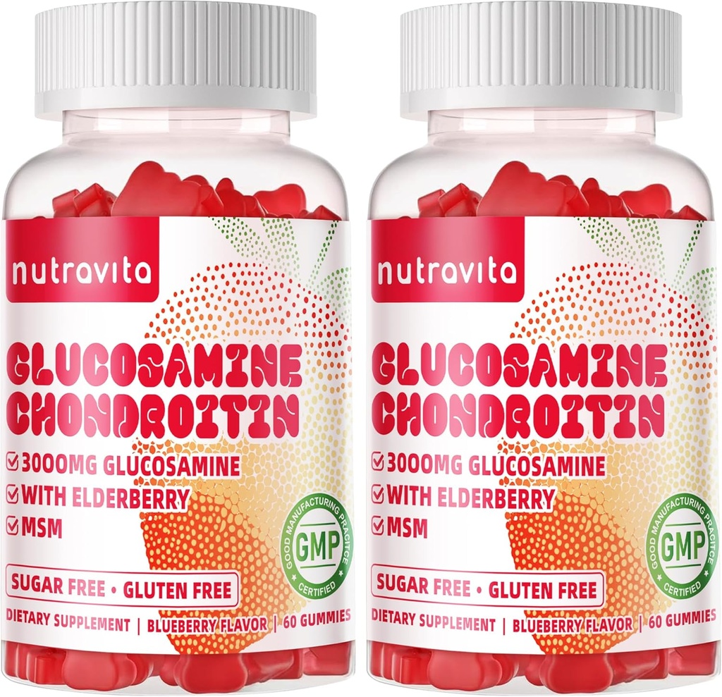 Nutravita Glucosamine Chondroitin Gummies with MSM & Elderberry Extra Strength - Joint Support, Antioxidant Immune Support Supplement for Adults, Men &amp; Women. 120 cerdas de fresa