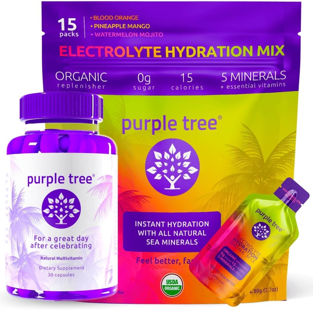 árbol púrpura Post-Celebration Wellness + Hydration Electrolyte Packets ← Rehidratación orgánica, Happy Liver ← 30ct Bottle + 15 Hydration Sticks for Water