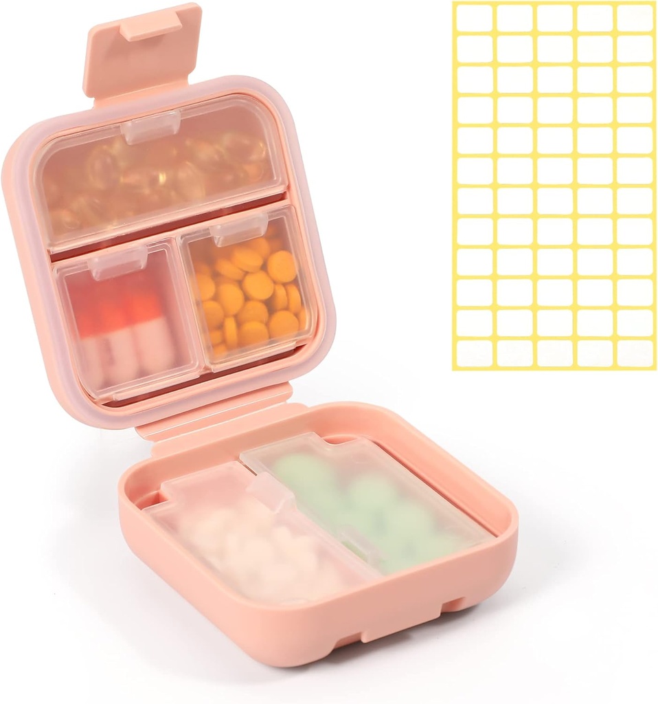 Dynippy Daily Pill Organizer 5 Compartments Portable Moisture Proof Small Pill Case for Pocket Purse Travel Pill Box Portable Medicine Vitamin Fish Oil Holder Container (Pink)