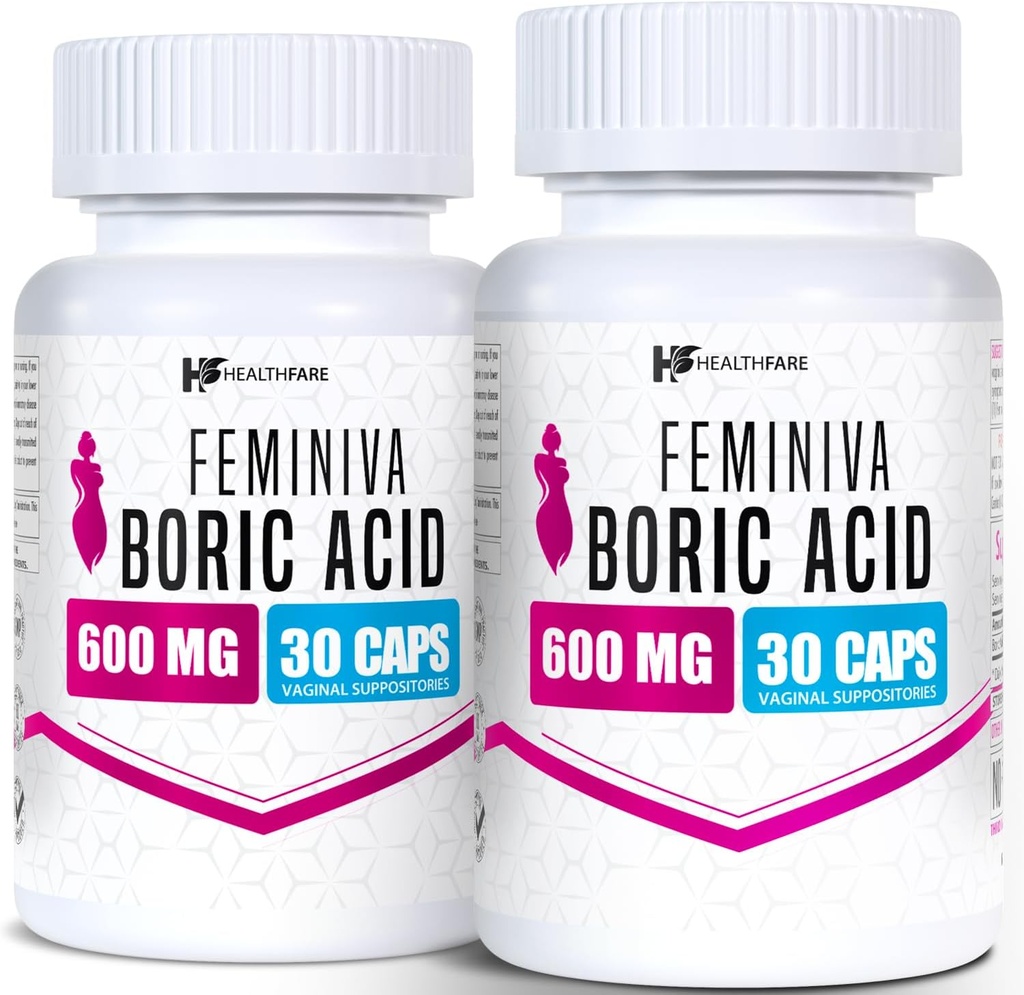 Healthfare Feminiva Boric Acid Suppositories ← 2-Pack tención 30 Supositorios Vaginales Cada ← 600mg ← 100% Pure TEN Made in The USA