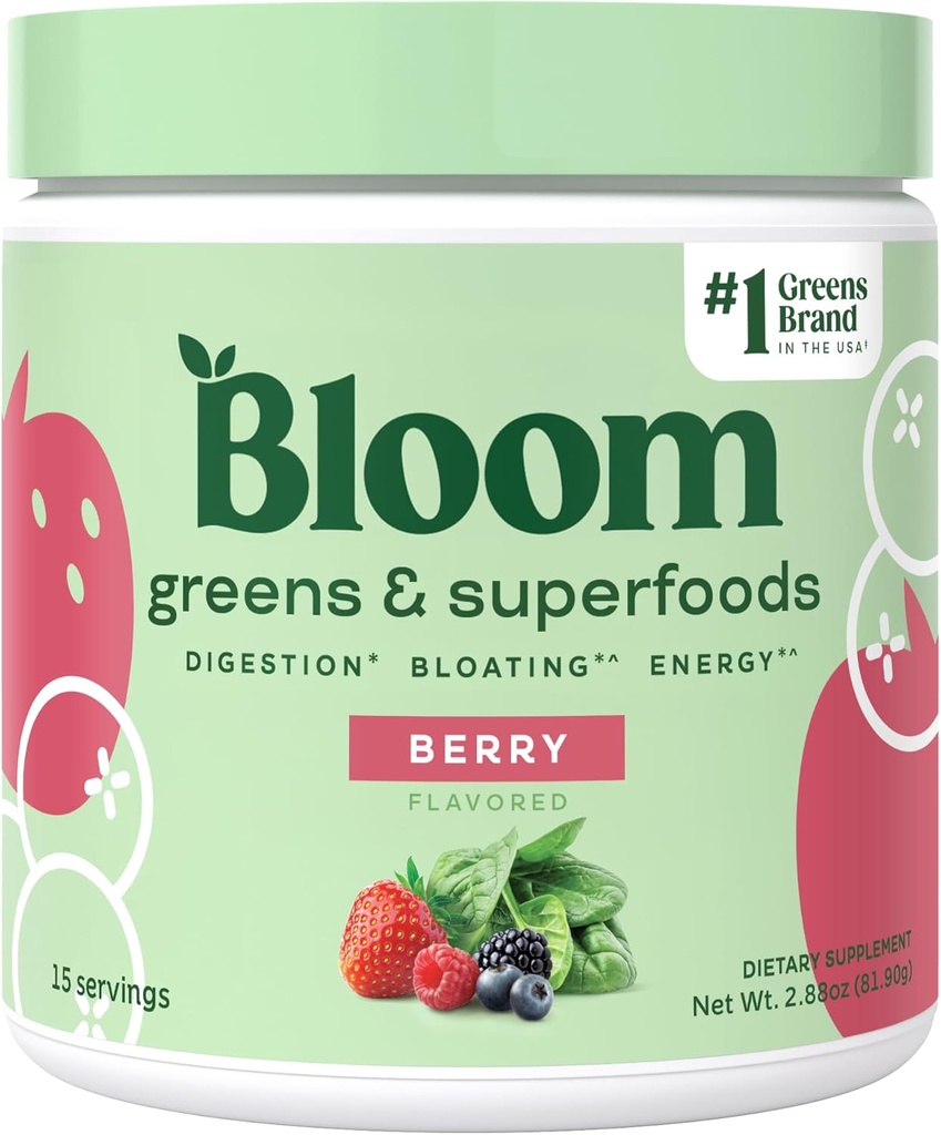 Bloom Nutrition Superfood Greens Powder, Digestive Enzymes w/Probiotics " Prebiotics, Gut Health, Bloating Relief for Women, Chlorella, 15 SVG (15 Servings (Pack of 1), Berry)