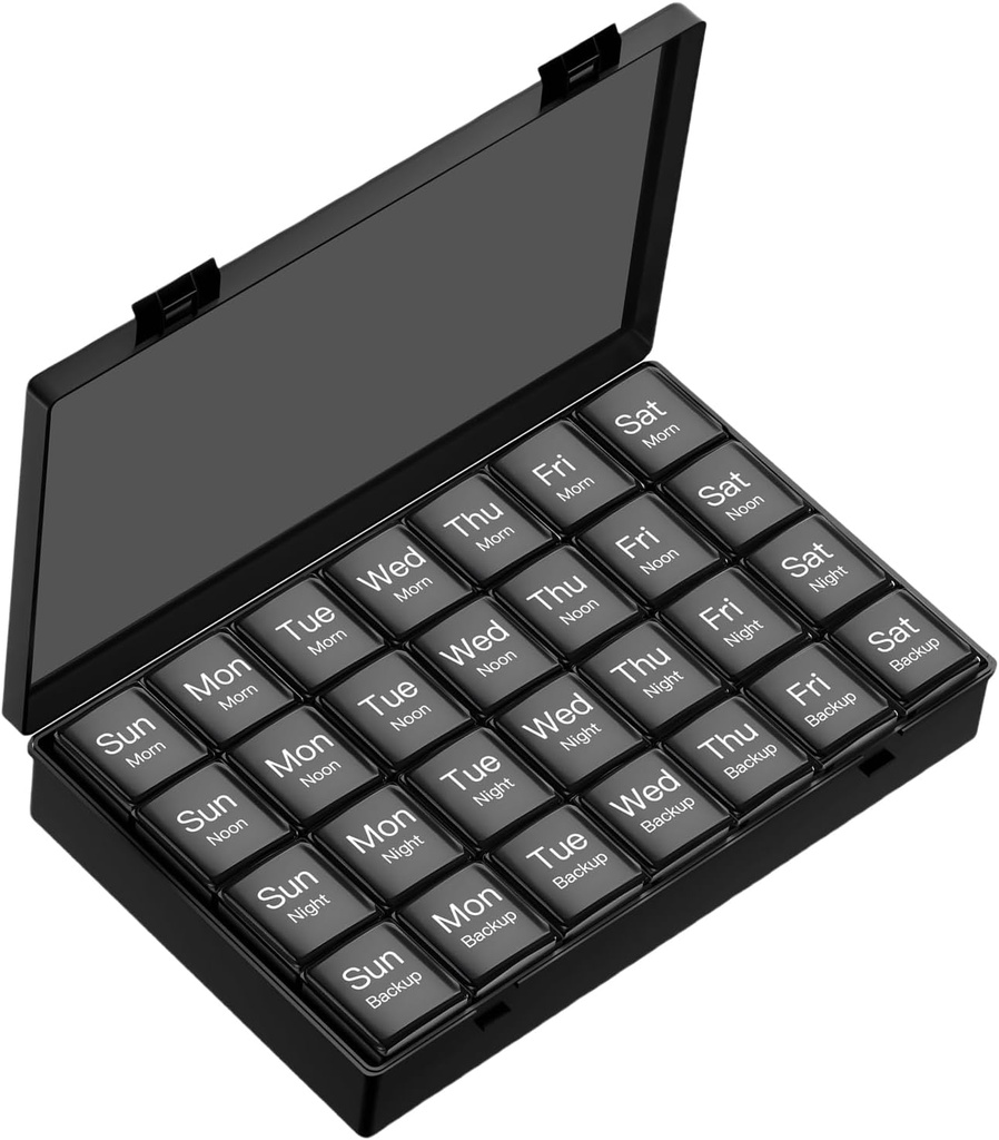 Gran organizador semanal de píldoras, 4 veces al día, 7 días de moisture-proof Pill Box con 28 compartimentos, Capaz de acumular grandes cantidades de vitaminas, suplementos, aceite de pescado y medicina (negro)