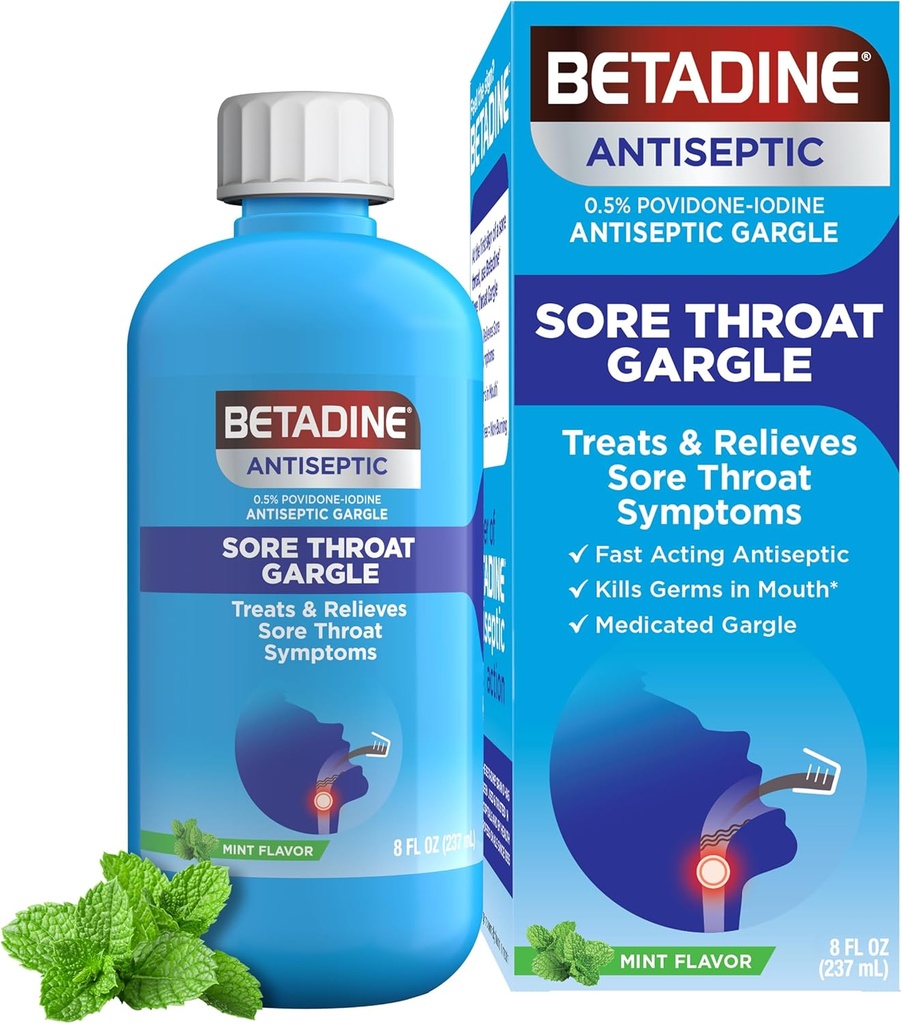 Betadine Antiséptico Gargle Medicado, Povidone-Iodine 0.5%, Treat y Alivio de los síntomas de la garganta del llanto, reduce temporalmente los gérmenes normalmente encontrados en el ratón, Mint Flavor, 8 FL OZ