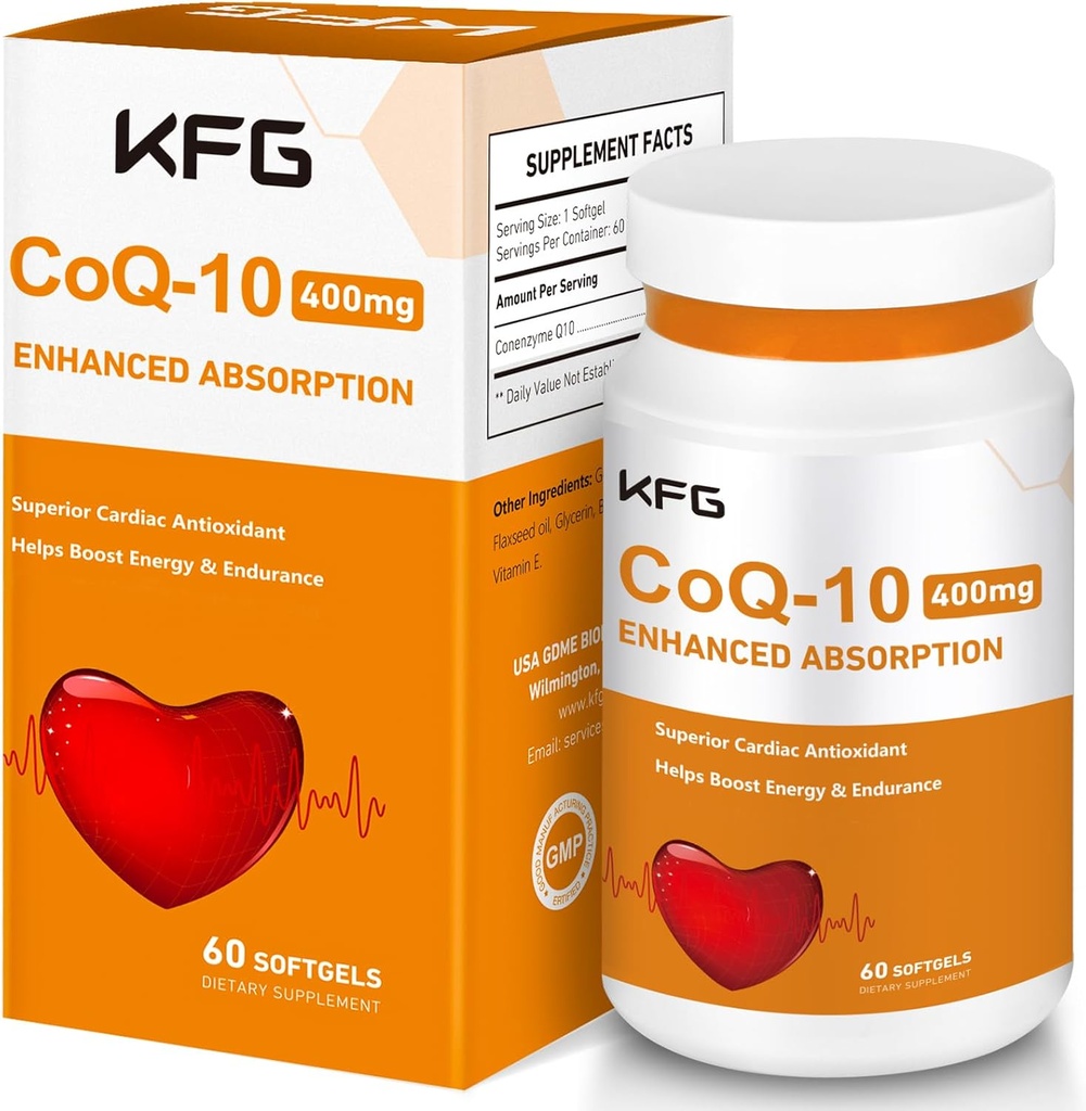 KFG CoQ10 400mg Softgels, Coenzima Q10 Suplementos Soporte Salud cardíaca, Salud cardiovascular, Sistema inmunológico &amp; Producción de energía celular, Gluten Free