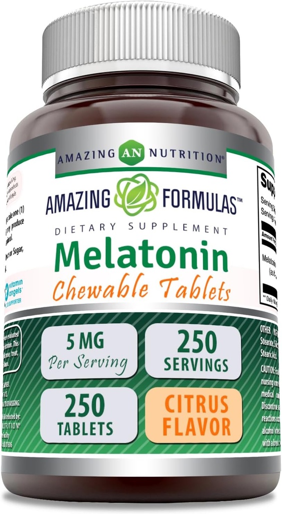 Fórmulas increíbles Melatonin Chewable Suplemento TENIDO 5 Mg Por Serving TENIDO 250 Tablets Silencio No-GMO TENIDO Gluten-Free TEN Made in USA (Citrus Flavor)