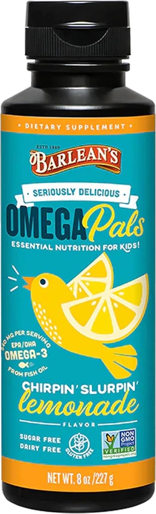 Suplemento líquido de aceite de pescado Omega 3 de Barlean para niños, limonada de Chirpin, 540 mg de EPA y DHA Fatty Acid, 8 oz