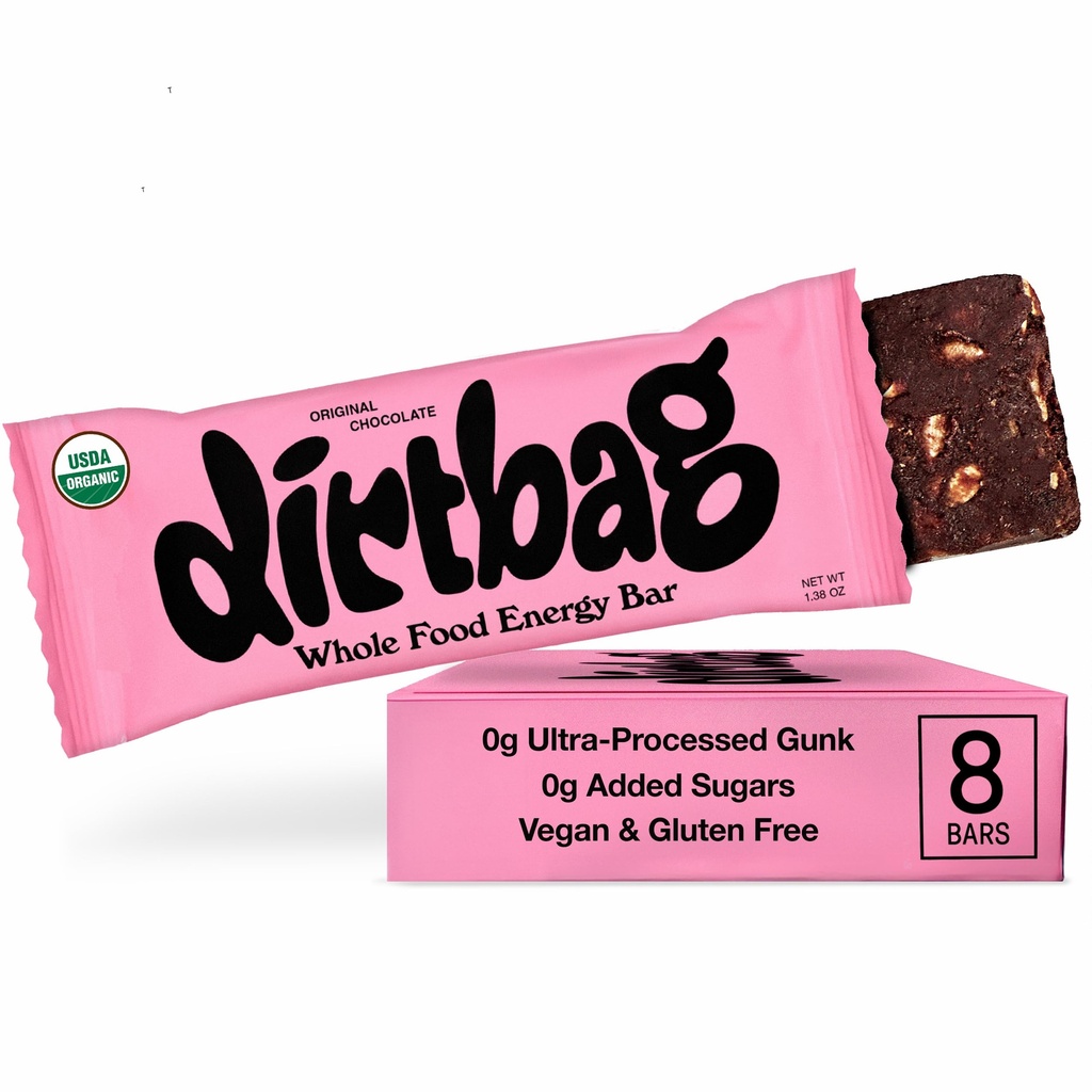 Dirtbag Bar, Organic Whole Food Energy Bar with Clean Plant Protein, Original Chocolate, 8 Pack, Dates, Oats, Nuts, 100% Dark Chocolate, NO Ultra-Processed Gunk, Vegan & Gluten Free.