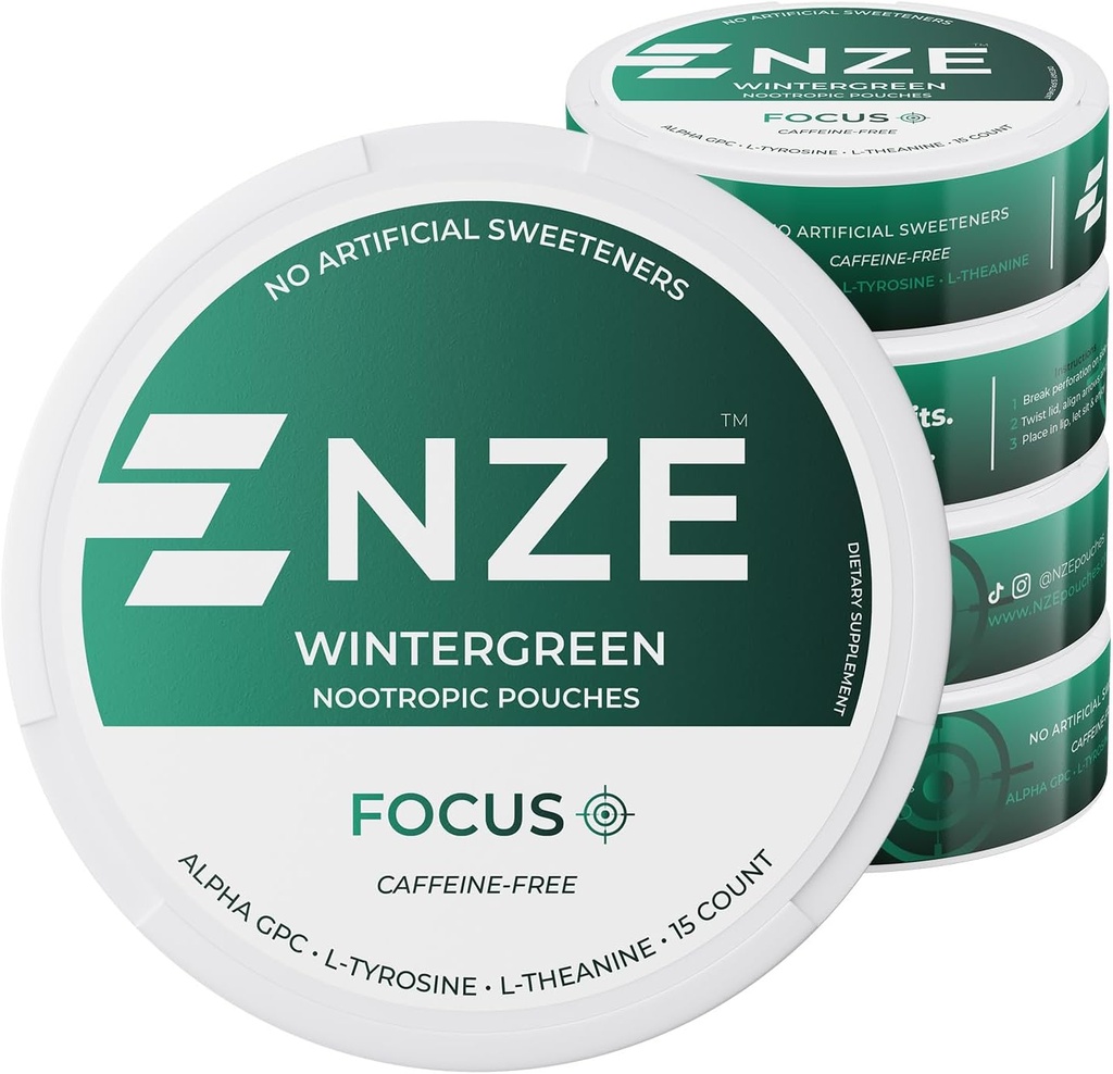 NZE Caffeine Free Nootropic Pouches (Wintergreen) - Nootropic Pouches with Alpha GPC, L-Tyrosine &amp; L-Theanine - No Sugar or Artificial Sweeteners - 15 Pouches Por Can - 5 Pack