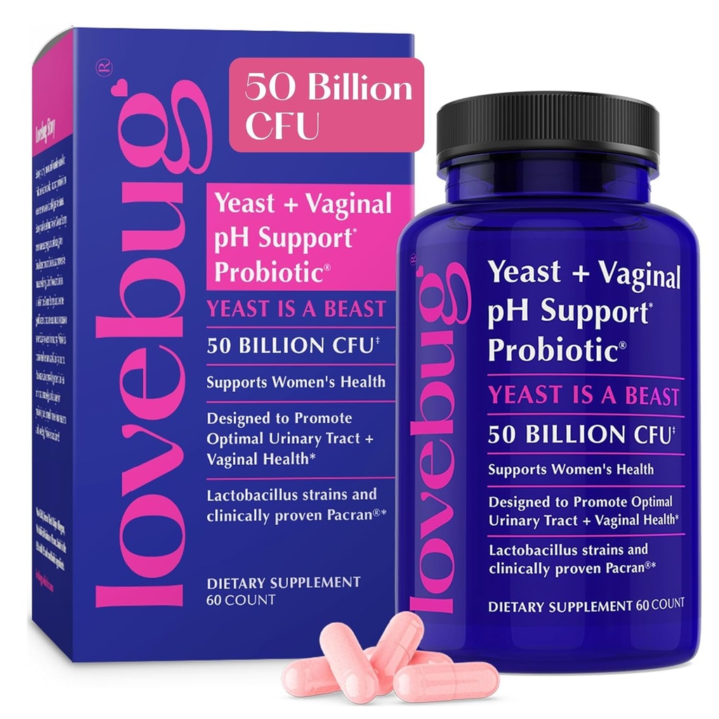 Lovebug Yeast and Vaginal Probiotics for Women pH Balance & Urinary Tract, 50 Billion CFU, UTI, BV, Odor Support with Lactobacillus, Bifidobacterium, Digestive & Vaginal Health Supplement 60 Capsules