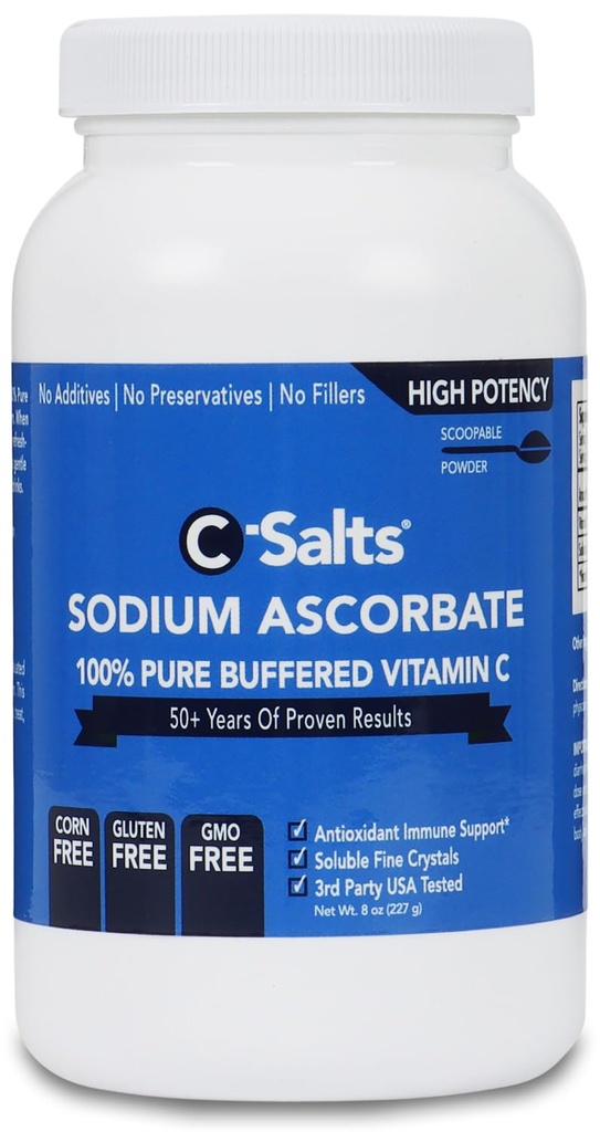 C-Salts Pure Sodium Ascorbate Vitamin C Powder - Non-Acidic Sugar-Free Buffered Powdered Drink for Hydration & Immune Support - Antioxidant for Overall Wellness - Perfect for Drinks or Recipes - 8 oz