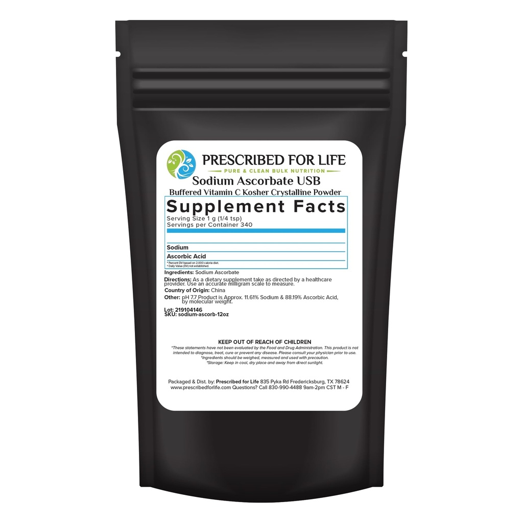Prescribed For Life Sodium Ascorbate Powder, Natural USP Buffered Vitamin C Powder, Ascorbic Acid (340g / 12oz)