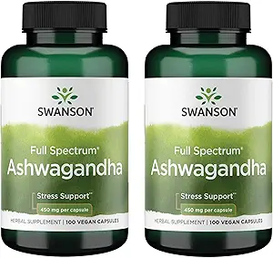 Swanson Ashwagandha Powder Supplement - with Ashwagandha Root to Promote Stress Relief & Energy - Ayurvedic Supplement for Natural Wellness (100 cápsulas, 450 mg cada uno) 2 Pack