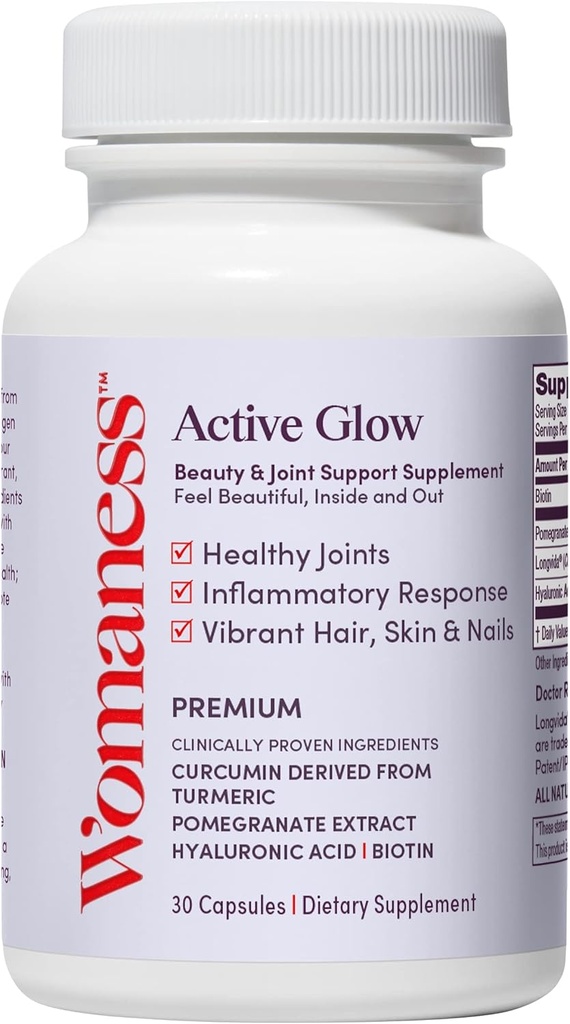 Womaness Active Glow Hair Skin and Nails Vitamins - Biotin, Longvida Curcumin & Hyaluronic Acid Supplements for Joint Health, Dry Skin & Thinning Hair (30 Capsules)