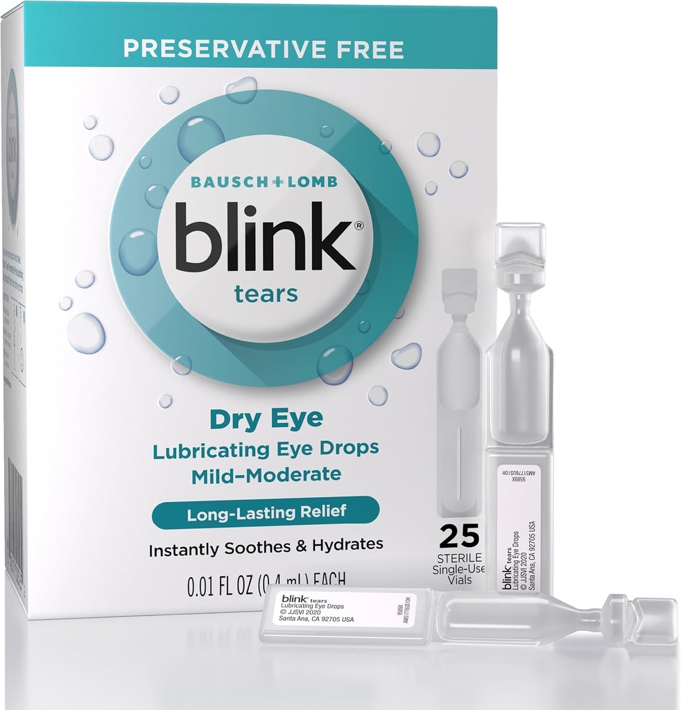 Blink Tears Lubricating Eye Drops Preservative Free, Moisturizing " Soothing for Mild to Moderate Dry Eye, with Hyaluronate, Reduces Discomfort, Long-Lasting Hydration, 0.01 Single-Use Vials, 25 Count