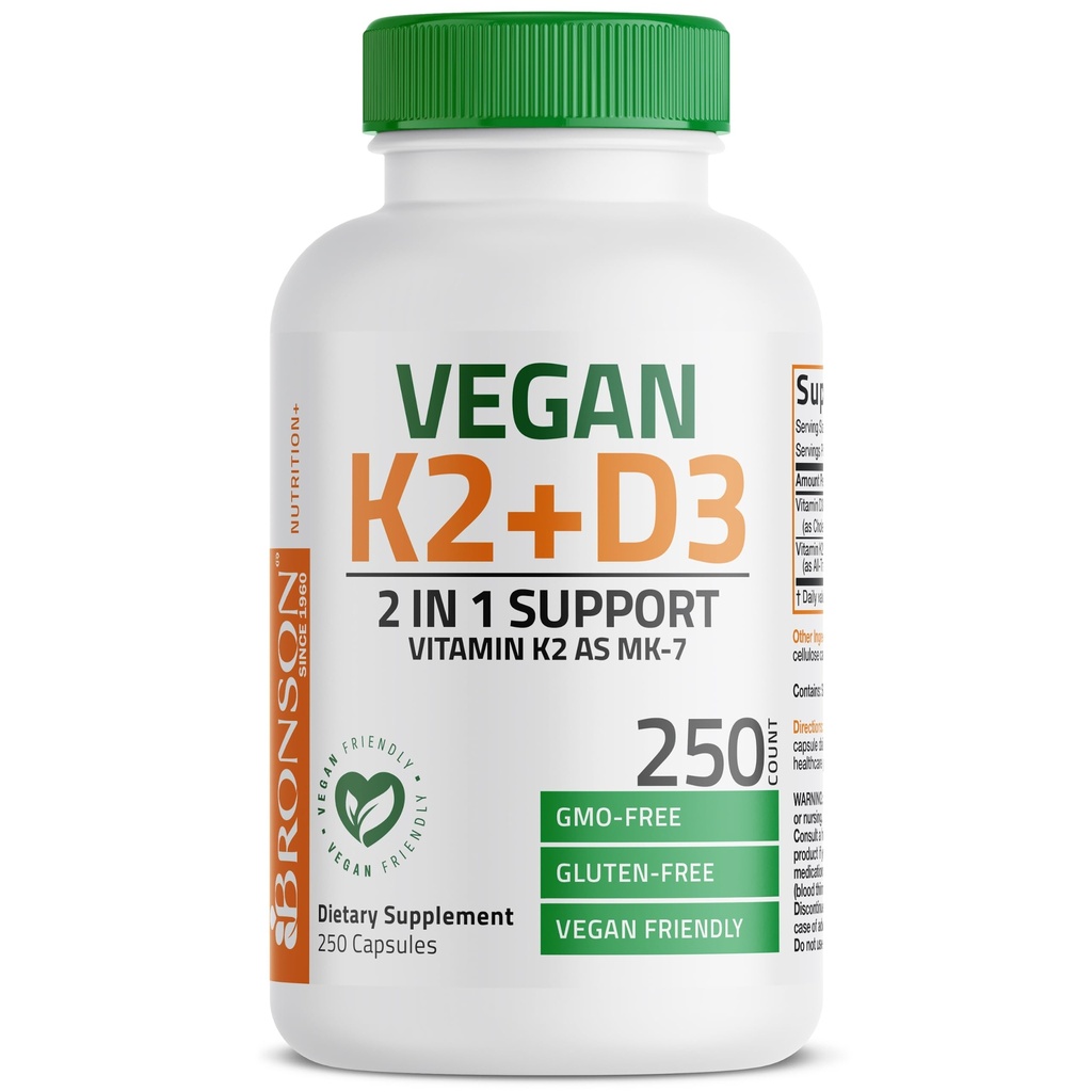 Bronson Vegan K2+D3 2 in 1 Support Vitamin K2 As MK-7, 250 Capsules