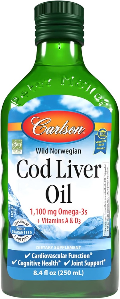 Carlson - Cod Liver Oil 1100 mg Omega-3s Plus Vitaminas A & D3 - Wild Caught EPA DHA Omega 3 Suplemento - Norwegian Arctic, Sustainably Sourced Nordic Fish Oil Liquid, Unflavored, 250 mL (8.4 Fl Oz)