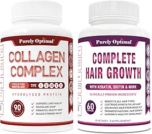 Péptidos Multi Collagen Premium Puramente Optimal Capsules (Tipos I, II, III, V, X) + Crecimiento del cabello Premium para Hombres - Crecimiento del cabello Vitaminas w/Biotin & Keratin