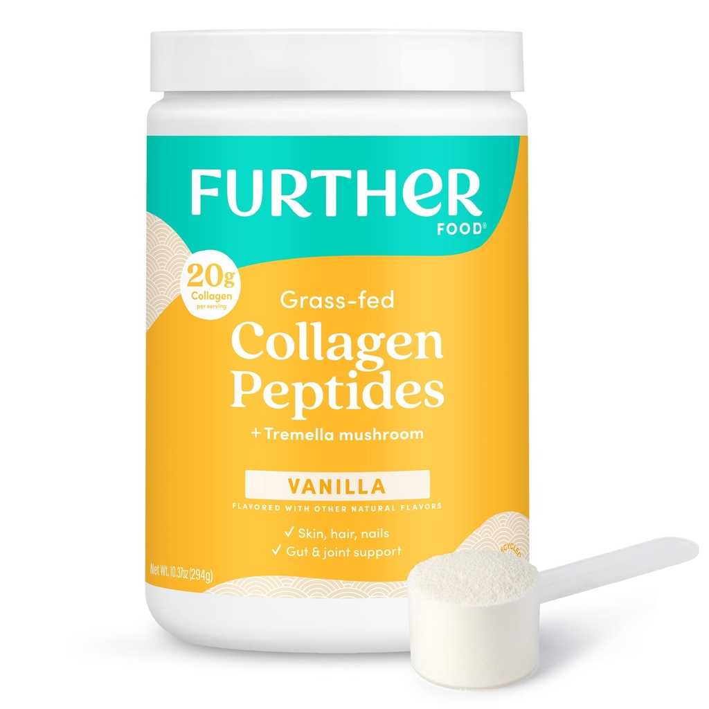 Further Food Vanilla Collagen Peptides Powder with Tremella Mushroom – 100% Grass-Fed, Hydrolyzed Type 1 & 3, 20g of Collagen per Serving, Supports Skin, Hair, Nails & Joints, 10.37 Oz