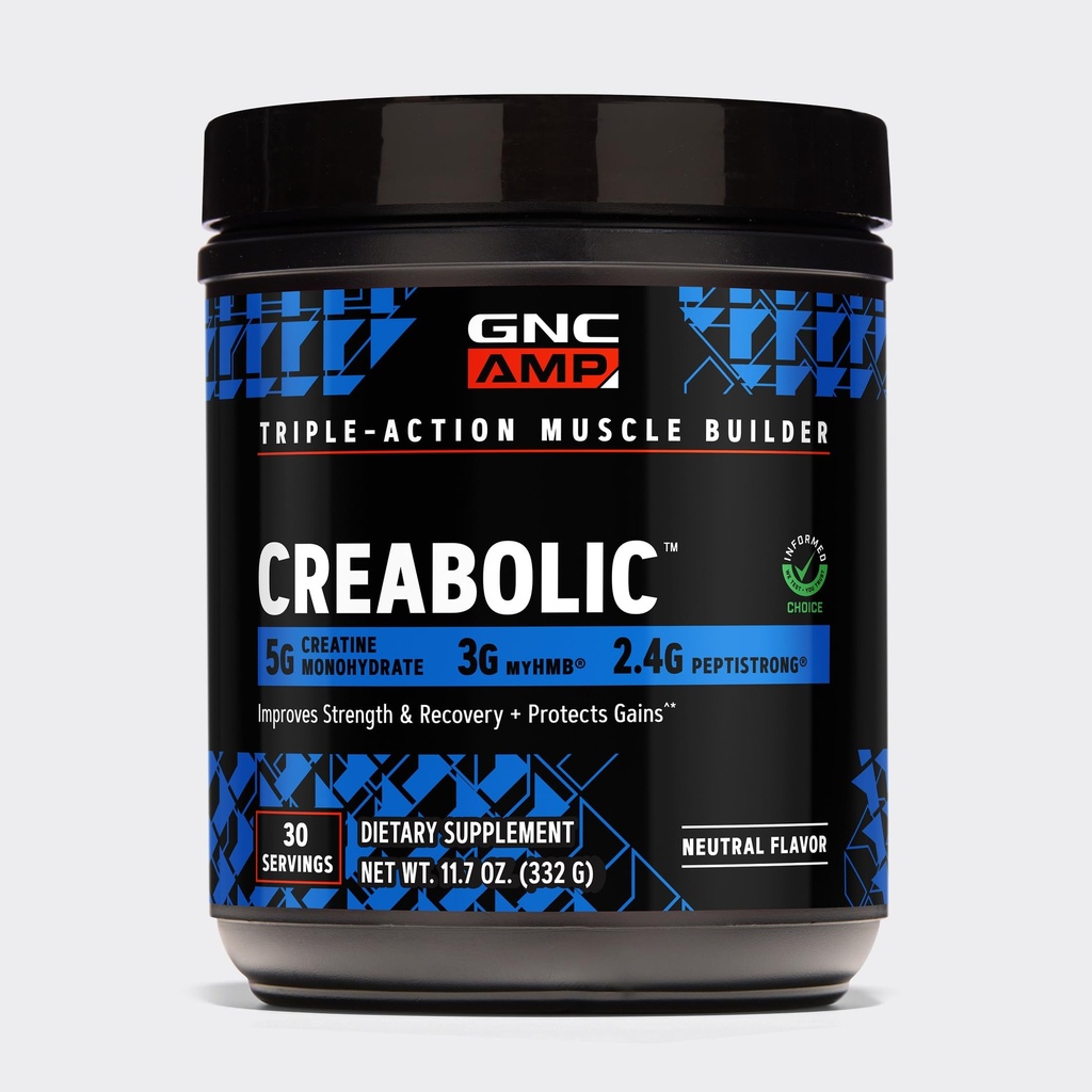 GNC AMP Creabolic - Creatine Monohydrate Powder - High-Potency 5g Creatine with HMB & PeptiStrong - Triple Action Muscle Formula - No Added Sugars - Unflavored - 30 Servings