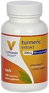 La vitamina Shoppe Extracto Turmérico 300mg, hierba estandarizada que soporta la salud celular " proporciona beneficios antioxidantes con la Curcumina 95% y 65 mg de calcio (100 cápsulas)