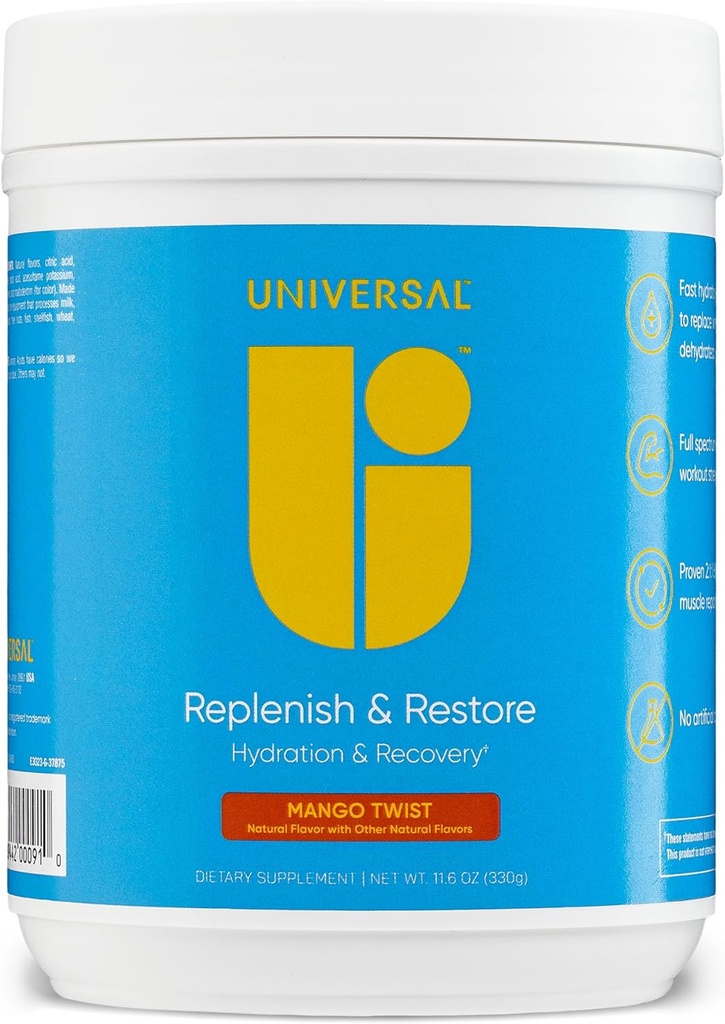 Universal U Replenish " Restore Powder, Hydration " Recovery, Promotes Muscle Repair and Growth, Custom Dosing, L-Lysine, L-Glutamine, L-Tryptophan, No Artificial Flavors, 30 Servings (Mango Twist)