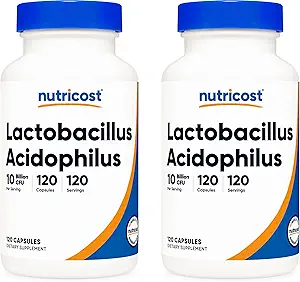 Nutricost Lactobacillus Acidophilus 10 Billion CFU, 120 Veggie Capsules - Probiótico (2 Botellas)