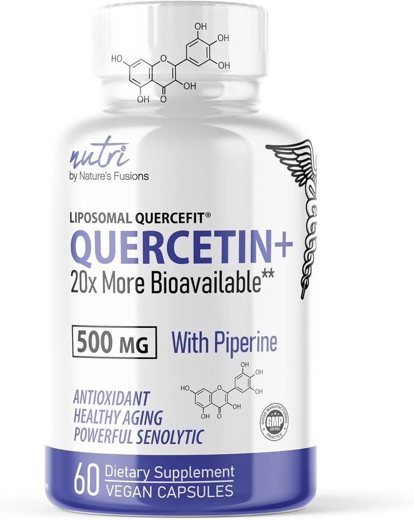 Fusiones de la naturaleza Nutri Liposomal Quercetina Phytosome with Piperine - Patented 20x Más Bioavailable Than Quercetin Suplementos - Apoyo Immune/Cardiovascular Health - 60 Quercetin 500mg cápsulas