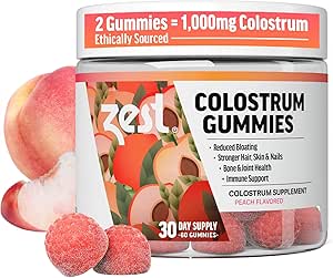 Zest Colostrum Suplemento Gummy Chews for Adults - Ethically Sourced High IgG for Hair Health, Gut, Immunity, Bloating, Skin & Nails - Keto & Gluten Free - Peach Flavor (60 Gummies, 1,000mg Colostrum)