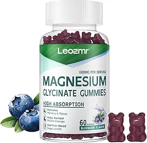 Magnesium Glycinate Gummies 1000mg - Sugar Free Magnesium Potassium Supplement with Vitamin D, B6, CoQ10 for Calm Mood & Sleep Support - 60 Blueberry Gummies