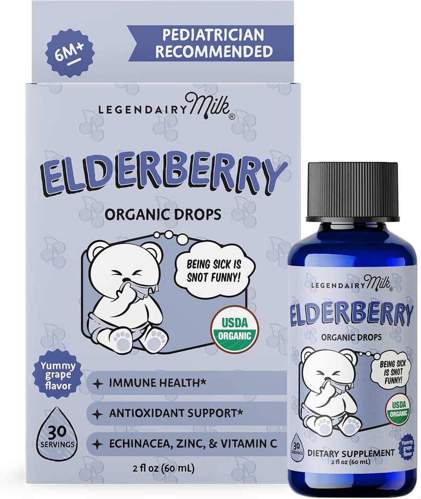 Legendairy Milk Organic Elderberry Drops - Baby Multivitamin with Echinacea, Vitamina C & Zinc for Immune Support - Ideal para bebés " Toddlers, Non-GMO - 30 Servings