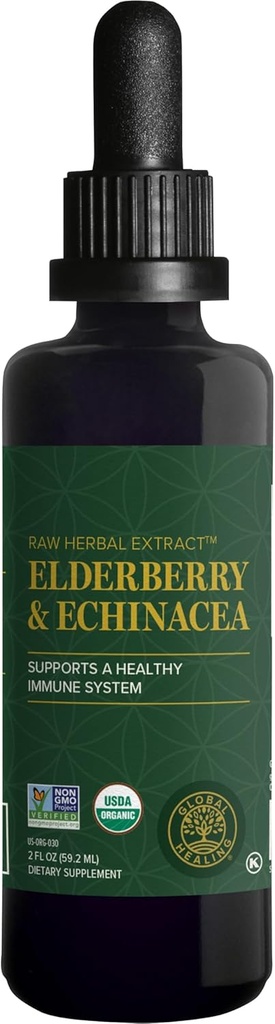 Global Healing USDA Organic Elderberry &amp; Echinacea Liquid Supplement Tincture ← Antioxidant Immune Support Against Harmful Organisms for Adults and Kids, Vegan, Non-GMO, 1-Month Supply (2 Oz)