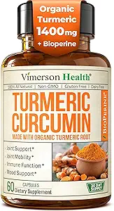 Suplemento de Curcumina Turmérica con Extracto de Pepper Negro - Turmérico orgánico de alta potencia 1400 mg " 95% Curcuminoides para la salud mixta " - Suplemento de Apoyo Conjunto - 60 cápsulas de Curcuma Vegan
