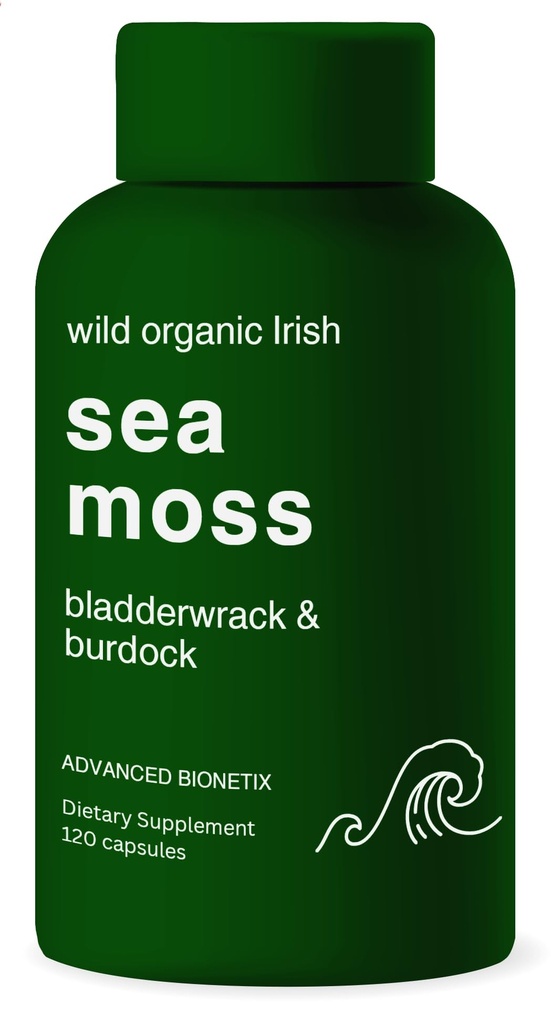 Organic Irish Sea Moss Capsules, Raw Wildcrafted Seamoss Enhanced w/Bladderwrack & Burdock Root Capsules 120 Total Pills Antioxidant Packed. Superalimentos prebióticos, soporte para tiroides