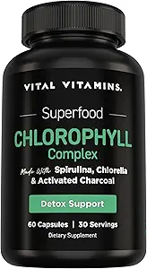 Vitaminas Vitales Clorofill Pills - Body Deodorizing Supplement - Made with Spirulina, Chlorella, Organic Parsley, Mint, & Activated Charcoal - Defeat Odor Naturalmente - for Women &amp; Hombre - 60 cápsulas