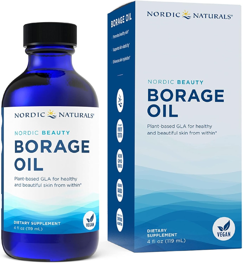 Nordic Naturals Nordic Beauty Borage Oil, Unflavored - 4 Ounces - Borage Seed Oil, Unique Omega-6 para la piel sana e hidratada, 480 Milligrams of GLA - Non-GMO - Vegan, 48 Servings