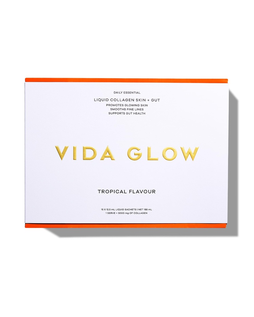 Vida Glow Liquid Collagen Skin + Gut, Double Dosage of Natural Marine Collagen & Added Antioxidant Complex to Address Skin Ageing, Ready-to-Consume Liquid Collagen, Delicious Tangy Tropical Flavor.