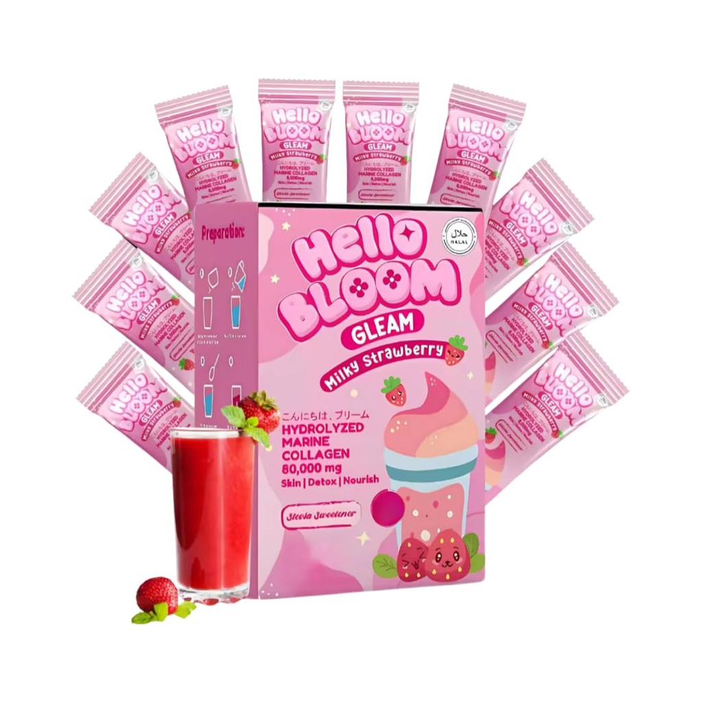 Hello Bloom Gleam Milky Powder Drink [10 Sachets x 18g] 6.3 Ounce (Pack of 1), Milky Strawberry