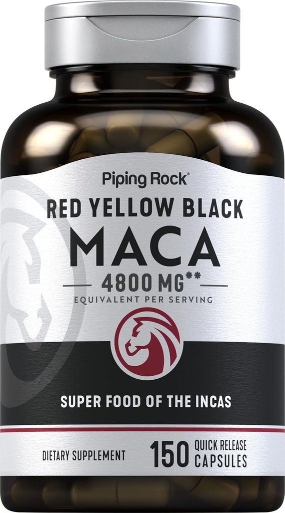 Piping Rock Maca Root Capsules Silencio 4800mg ← 150 Powder Pills Silencio para Mujeres y Hombres Silencio Rojo, Amarillo y Negro Silencio No-GMO, Gluten Suplemento Gratis