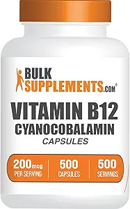 BulkSupplements.com Vitamina B12 Capsules - como Cianocobalamina, Vitamina B Suplemento, Vitamina B12 200 mcg - Vitaminas energéticas, Gluten Gratis, 1 cápsula por ser, 500 cápsulas (Pack of 1)