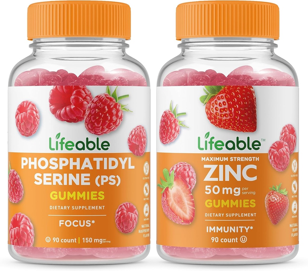 Phosphatidylserine (PS) + Zinc 50mg, Gummies Bundle - Gran Tasting, Suplemento de vitamina, Gluten Gratis, GMO Gratis, Chewable Gummy