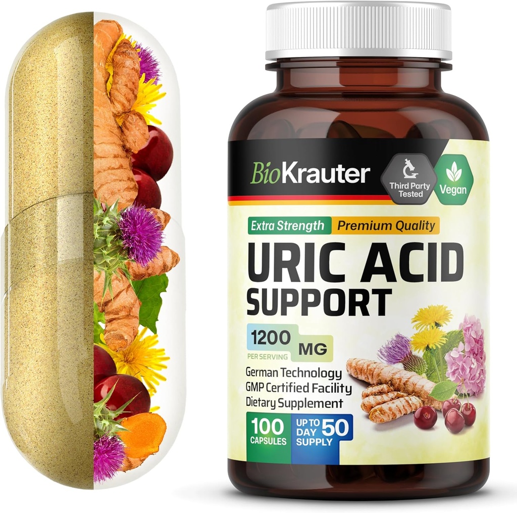 BIO KRAUTER Uric Acid Support Capsules 1200 mg Blend - 100 Count - Kidney Supplement w/Tart Cherry 10:1 Extract - Milk Thistle &amp; Turmeric Extract - Vegan