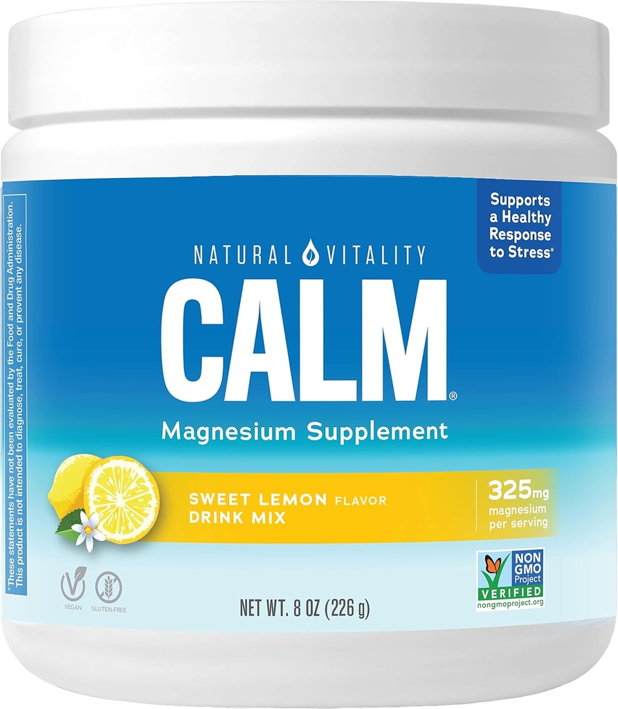 Natural Vitality Calm, Suplemento Magnesio, Anti-Stress Drink Mix Powder, Gluten Free, Vegan, " Non-GMO, Sweet Lemon, 8 oz