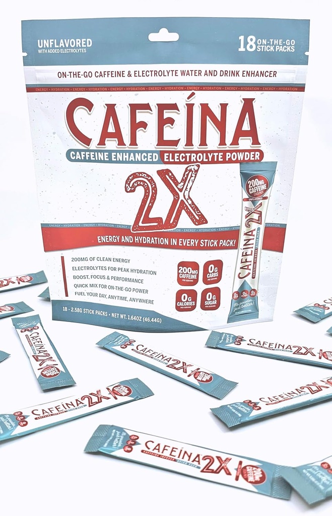 CAFEINA 2X - 200mg Caffeine y Electrolyte Infused Powder Stick Packs (18 Conde)