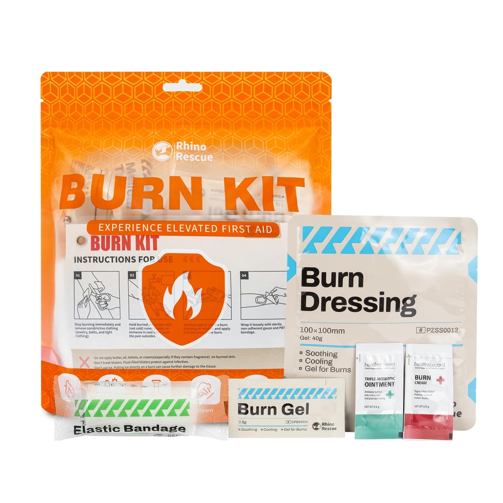RHINO RESCUE Burn Kit, 4pcs Burn Dressings 4x4, 8pcs Burn Gel Packets 3.5g, 4pcs Burn Pads, First Aid Kit Cooling Soothing Cream Relief with Bandage, Nitrile Gloves, Tijeras, Tape, HSA/FSA Eligible
