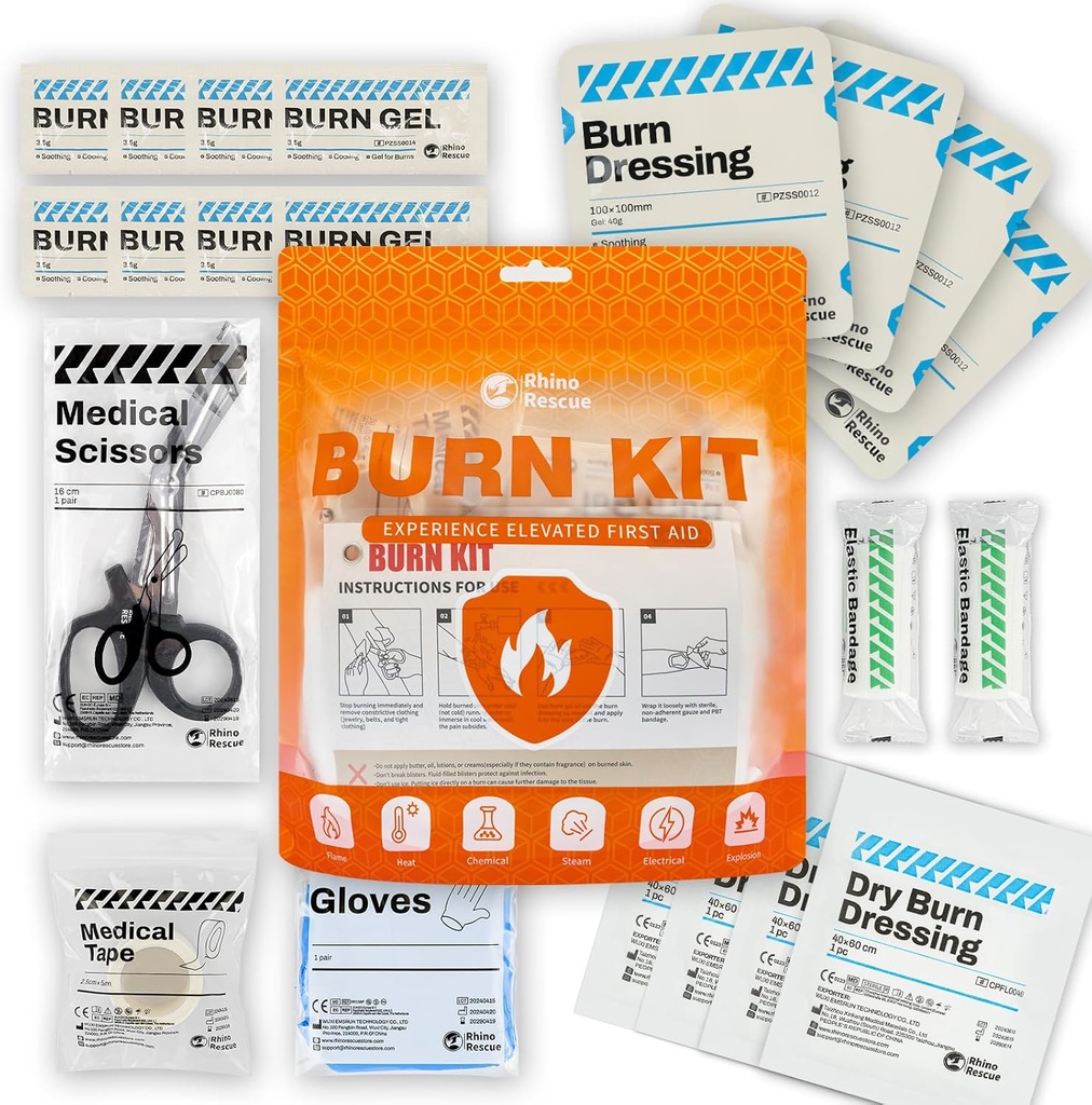 RHINO RESCUE Burn Kit, 4pcs Burn Dressings 4x4, 8pcs Burn Gel Packets 3.5g, 4pcs Burn Pads, First Aid Kit Cooling Soothing Cream Relief with Bandage, Nitrile Gloves, Tijeras, Tape, HSA/FSA Eligible