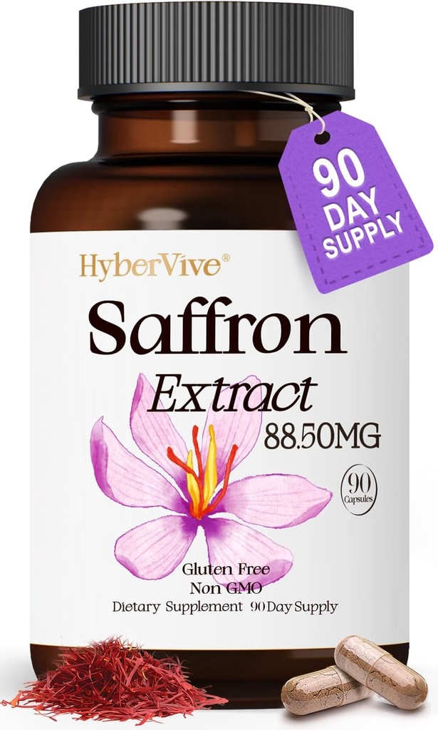 Suplementos de Saffron 88.5MG TENIDO 90 cápsulas Vegan, Happy Saffron Extract for Mood Energy Eye Focus Support for Women &amp; Men, 100% puros ingredientes, hechos en EE.UU., sin gluten