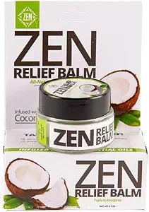 ZEN Relief Balm® con aceite de coco " 11 aceites esenciales- Alivia el dolor muscular, espasmos, calambres, dolores de cabeza y dolor de espalda, hidratación - 0.7 oz (Pack of 1)