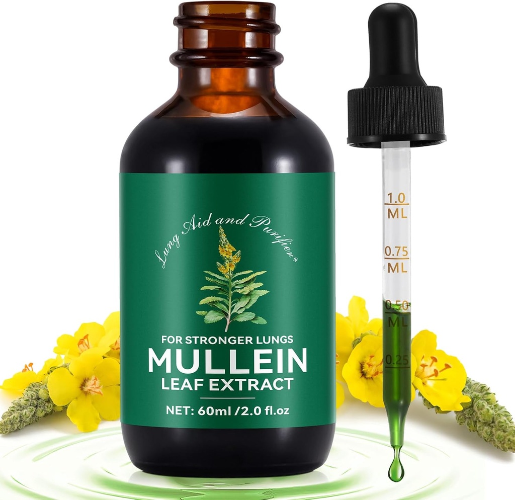 Mullein Drops for Lungs 2 Fl Oz, Natural Mullein Leaf Drops, Fast Absorption Liquid Mullein Extract Suplemento, Lung Cleanse, 1 Month Supply